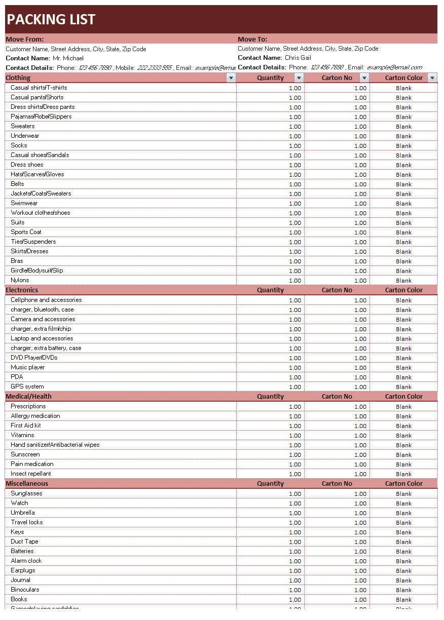 Packing List Template Excel Free Download