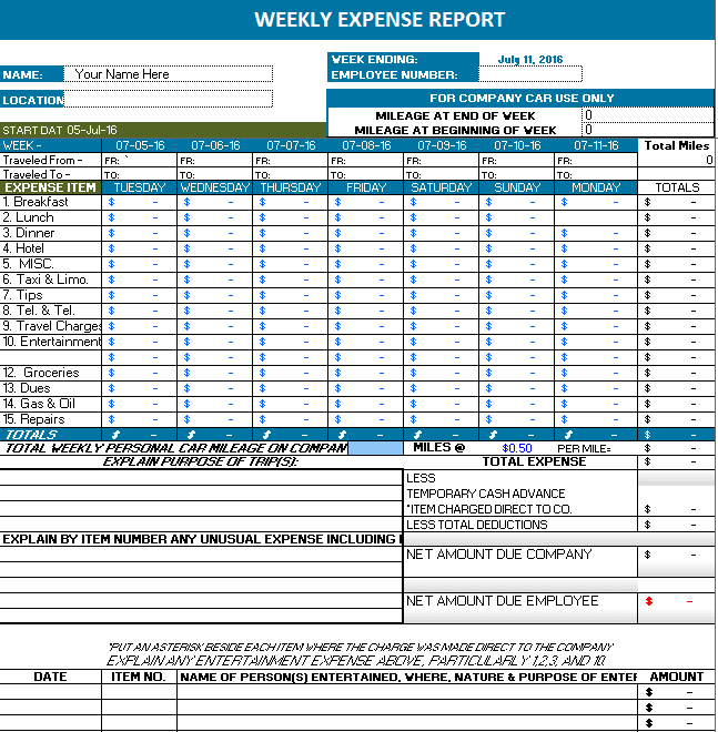 Weekly Expense Report Created in MS Excel Office Templates Online