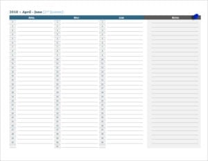 Year Calendar With Notes Apr Jun 300x232