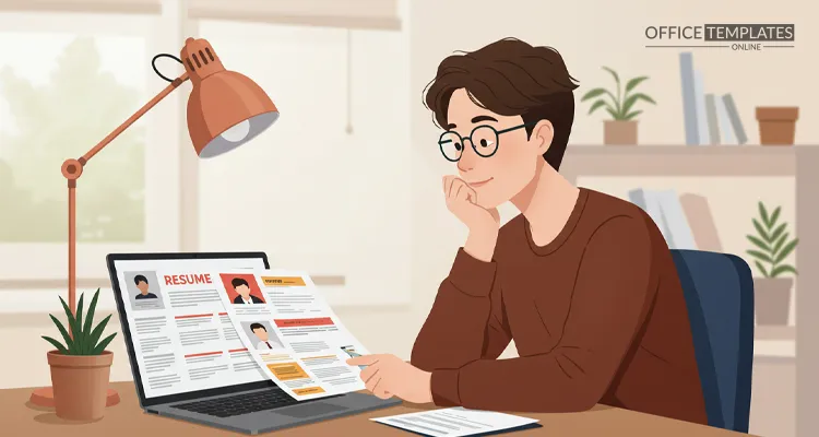 A fresher choosing the right resume template on a laptop, surrounded by design options in a modern workspace.