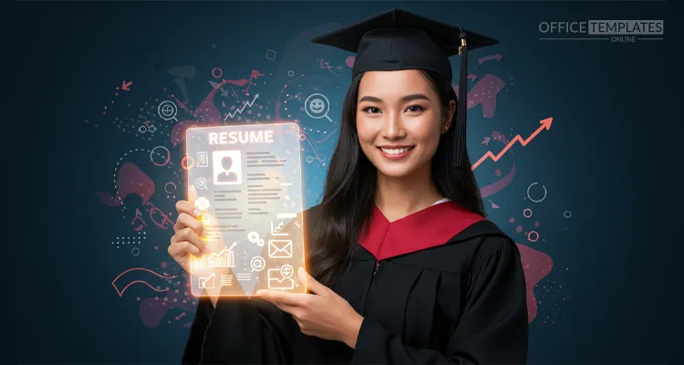 A fresher holding a glowing resume, surrounded by icons of skills and job opportunities.