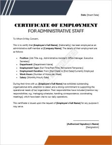 Certificate of Employment for Administrative Staff