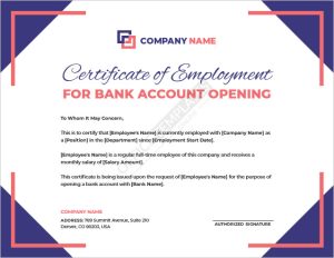 Certificate of Employment Template for Bank Account Opening