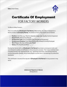 Certificate of Employment for Factory Workers