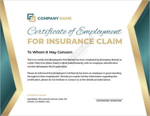 Certificate of Employment for Insurance Claim