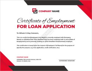 Certificate of Employment Template for Loan Application