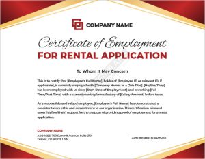 Certificate of Employment for Rental Application