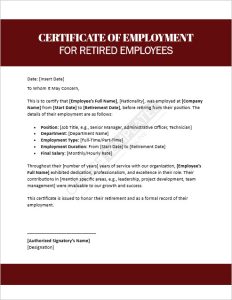 Certificate of Employment Template for Retired Employees