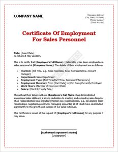 Certificate of Employment for Sales Personnel