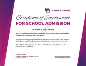Certificate of Employment Template for School Admission
