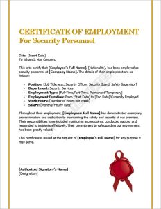 Certificate of Employment Template for Security Personnel