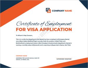 Certificate of Employment for Visa Application