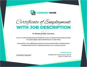 Certificate of Employment Template with Job Description