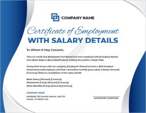 Certificate of Employment Template with Salary Details