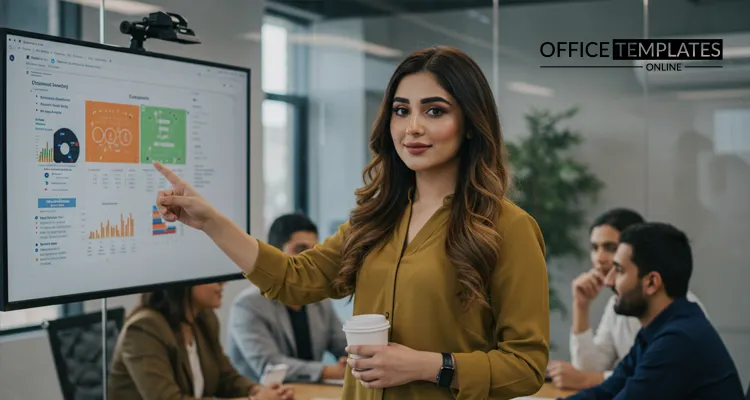 woman presenting a startup pitch in a modern meeting room, pointing at a business slide while colleagues listen.