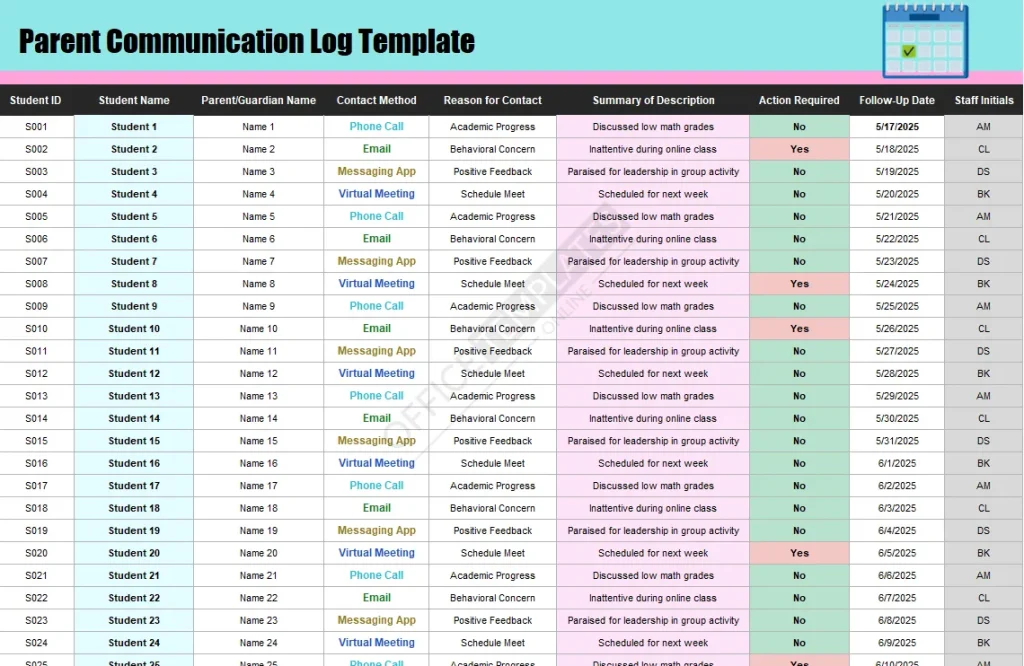 Parent Communication Log Template