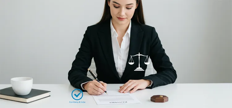 Professional woman reviewing a contract with checkmarks and a small scales-of-justice icon, symbolizing Terms & Conditions.