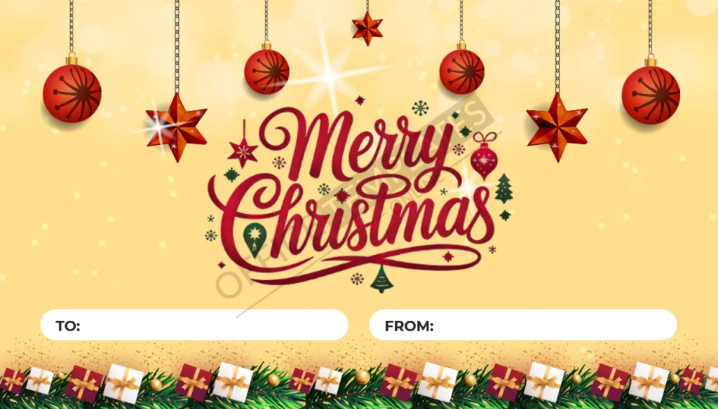 Classic To/From Christmas gift tag template with holiday greeting editable in Microsoft Word.