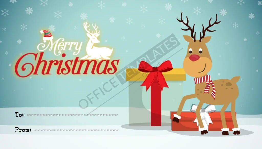 Reindeer Christmas gift tag template with festive design editable in Microsoft Word.