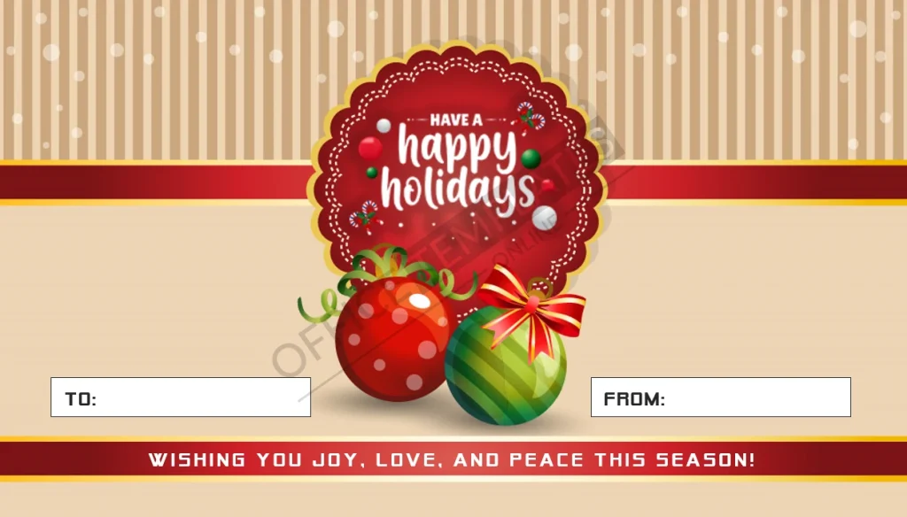 Scalloped edge holiday gift tag template with festive message editable in Microsoft Word.