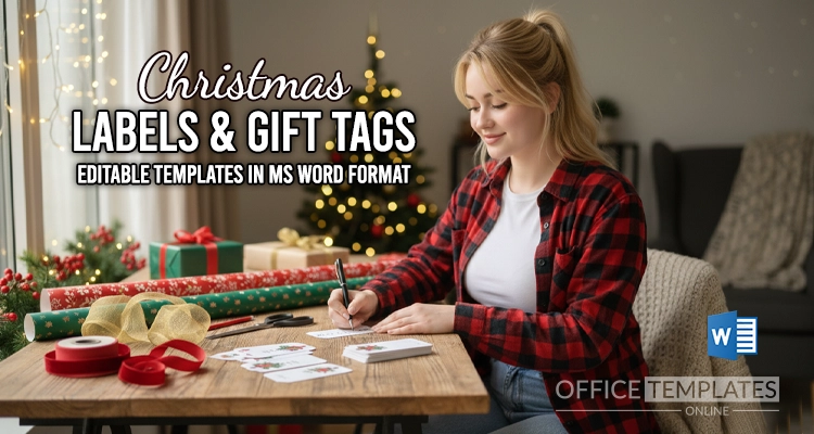 Girl in plaid shirt writing names on printable Christmas gift tags at a desk with wrapping supplies, holiday hero image.