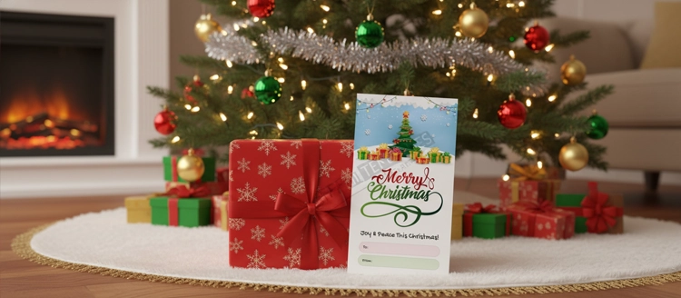Realistic mockup of Christmas tree gift tag with “Merry Christmas” message attached to a wrapped present under the tree.