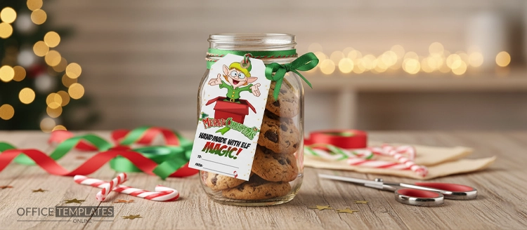 Elf Christmas gift tag mockup tied to a handmade holiday present with DIY wrapping supplies on a wooden table.