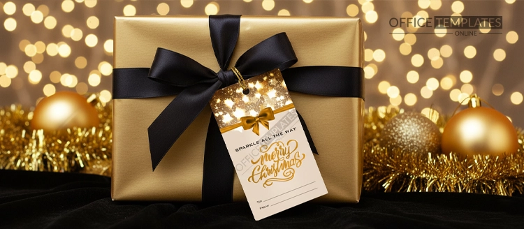 Golden sparkle Christmas gift tag mockup attached to a luxury wrapped holiday present with gold ribbon and festive lights.