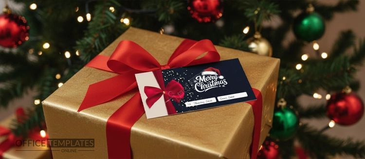 Realistic mockup of Merry Christmas red bow gift tag attached to a wrapped holiday gift under a decorated Christmas tree.
