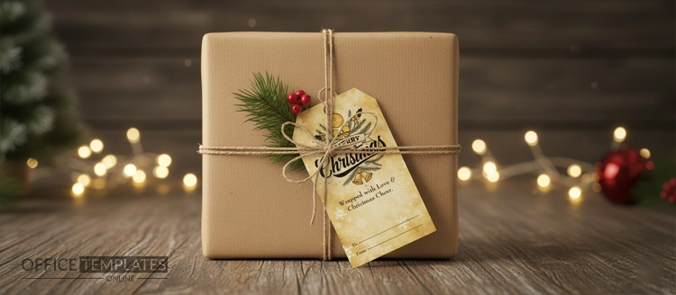 Rustic kraft paper Christmas gift tag mockup tied with twine on a kraft-wrapped present with pine sprig.
