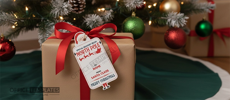 From Santa North Pole gift tag mockup attached to a Christmas present under the tree with red ribbon.
