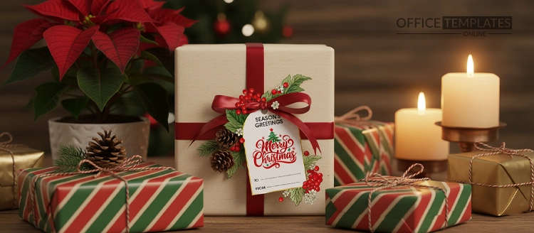 Poinsettia and holly Christmas gift tag mockup tied to a wrapped present with festive greenery and ribbon.
