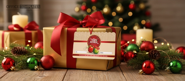 Scalloped edge holiday gift tag mockup attached to a red and gold wrapped Christmas present with ribbon and ornaments.