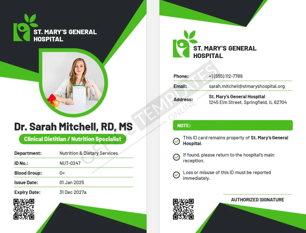 Clinical Dietitian & Nutrition Services ID Card Template