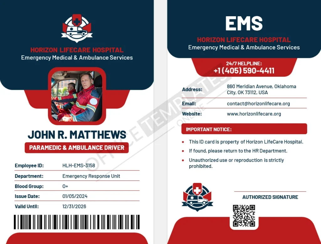 Paramedic & Ambulance Driver ID Card Template