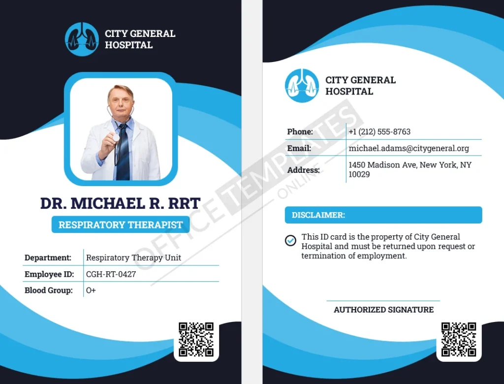 Respiratory Therapist ID Card Template for Hospitals