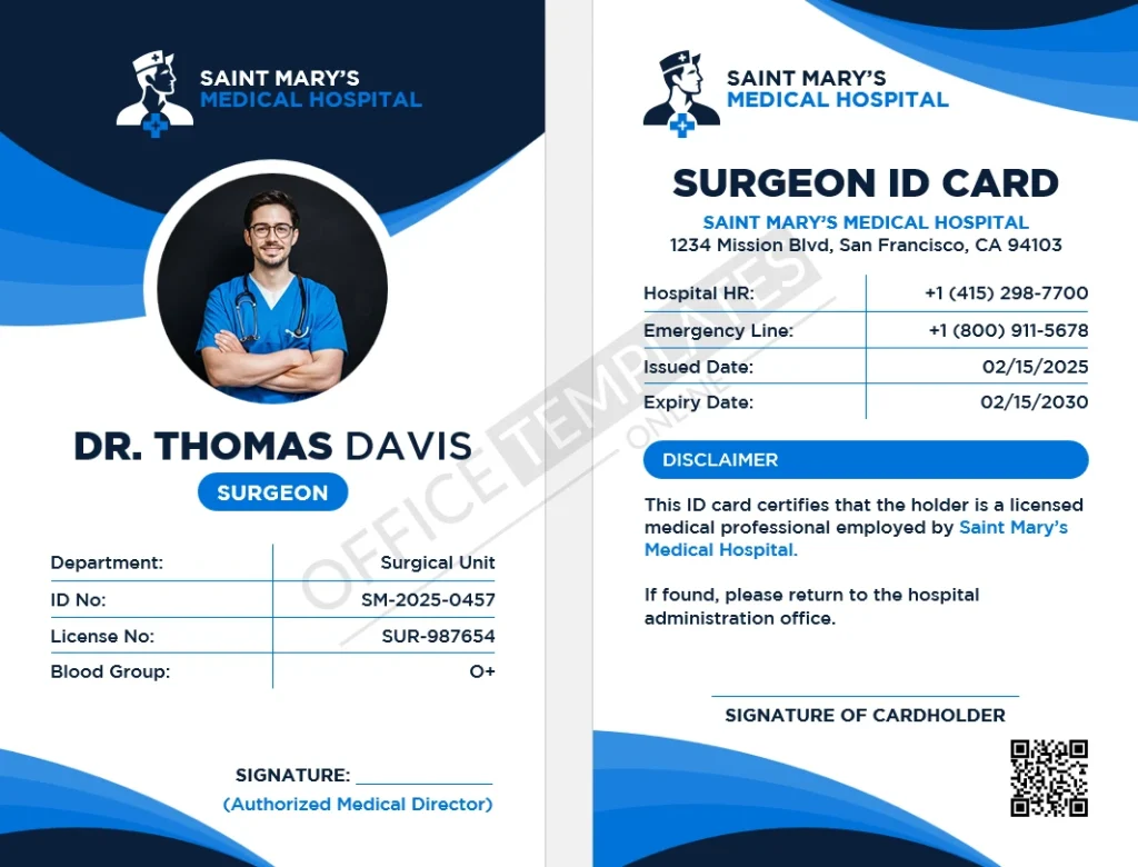 Surgeon ID Card Template for Medical Hospitals