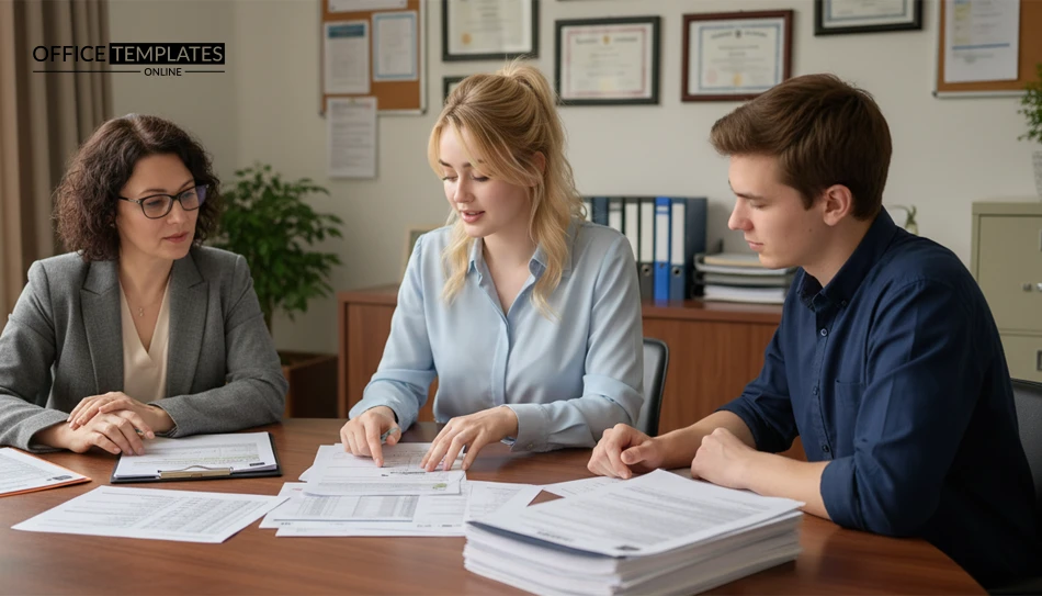 School administrative staff reviewing student and staff documents together in an office