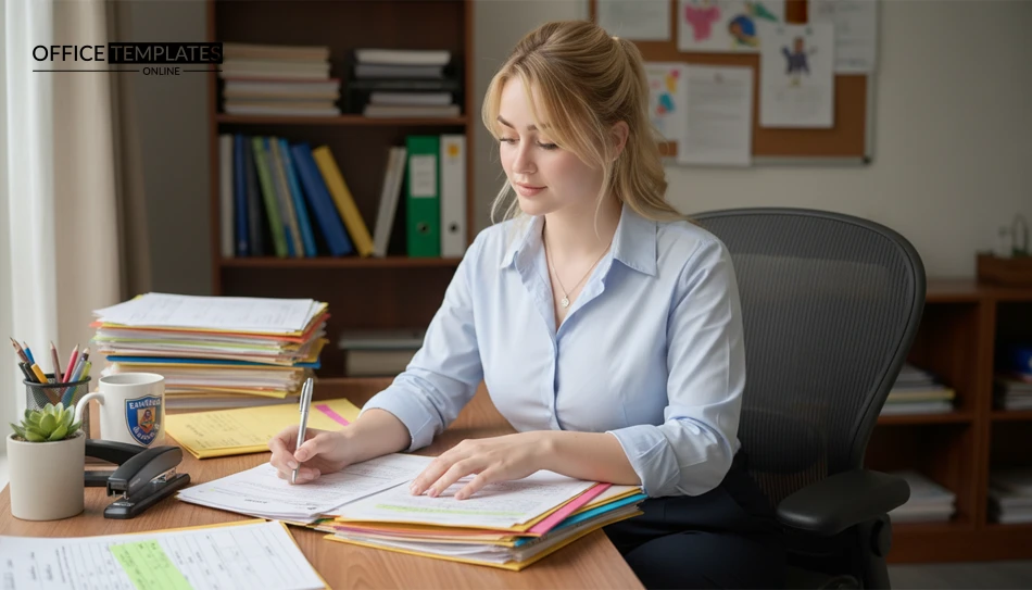 School administrative staff member working on student records and official school paperwork