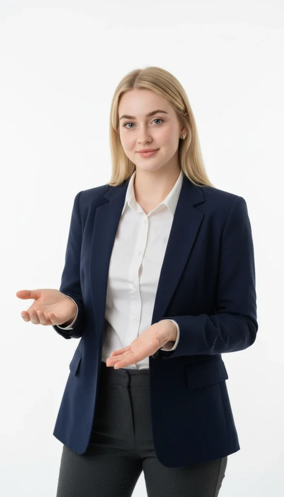 Professional school administrator gesturing confidently to explain benefits of templates