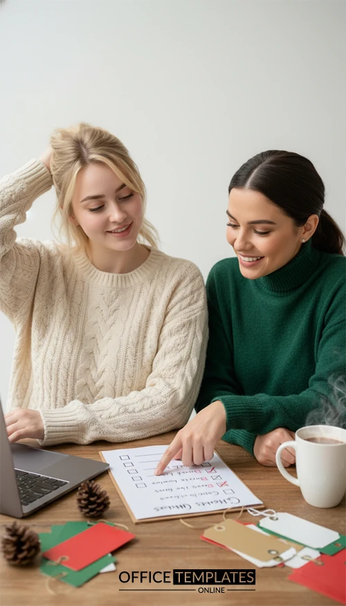 Two people reviewing a Christmas planning checklist with holiday items on a table