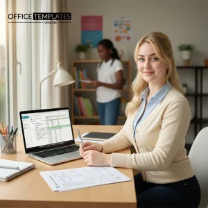 Teacher planning lessons with Word templates and Excel trackers in a bright classroom workspace.