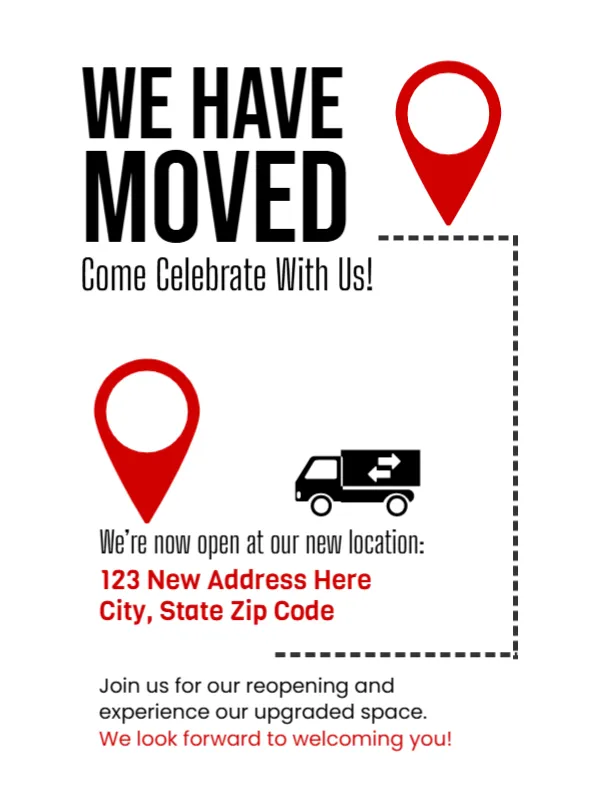 Grand Opening Announcement Template – Modern “We Have Moved” Design