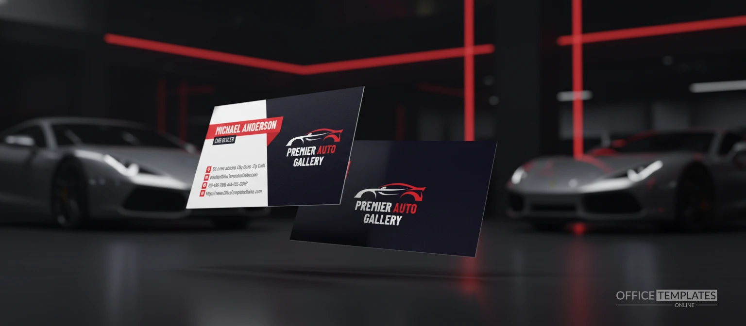Luxury cinematic mockup of a professional car dealer business card with premium automotive branding and realistic showroom styling.
