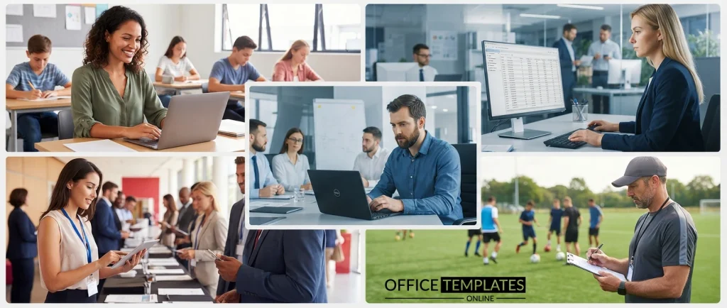 Teachers, HR professionals, business managers, event organizers, and coaches using an online attendance sheet generator