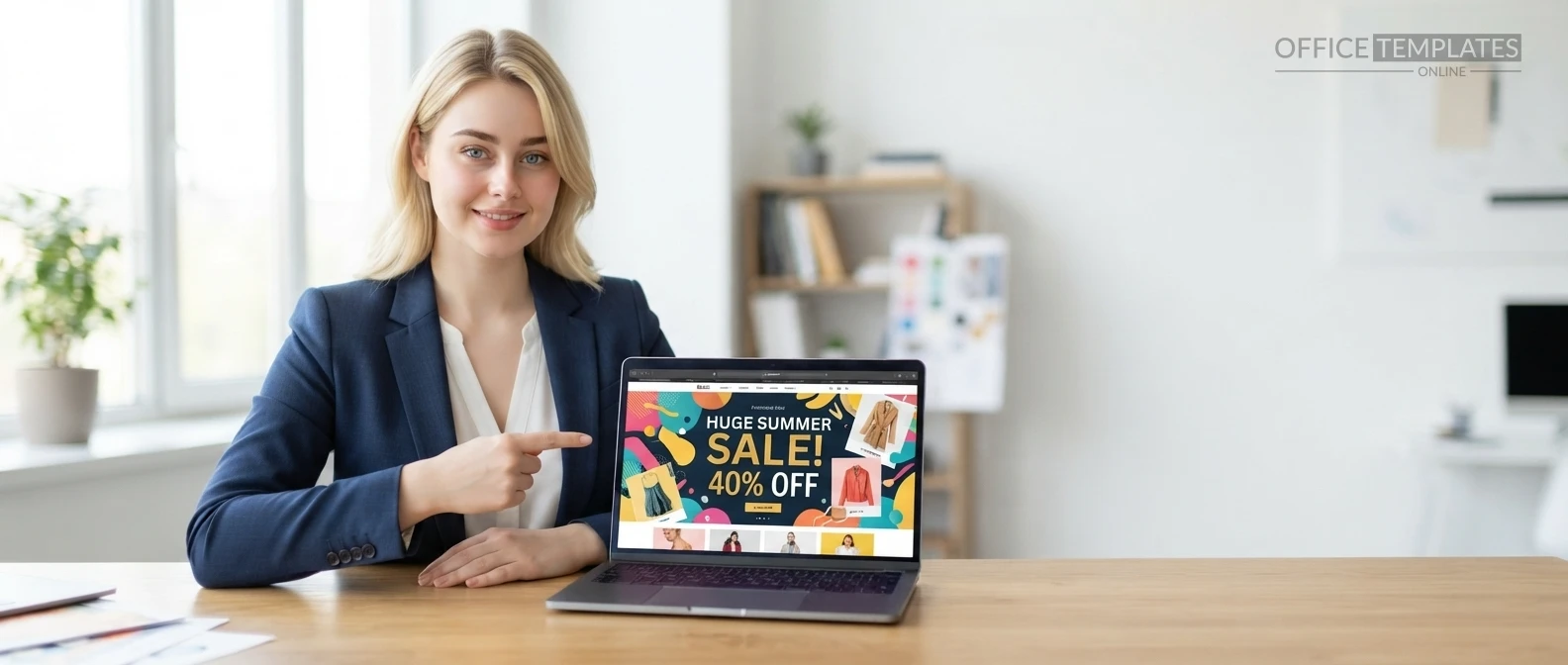 Business owner editing a promotion banner template online on a laptop