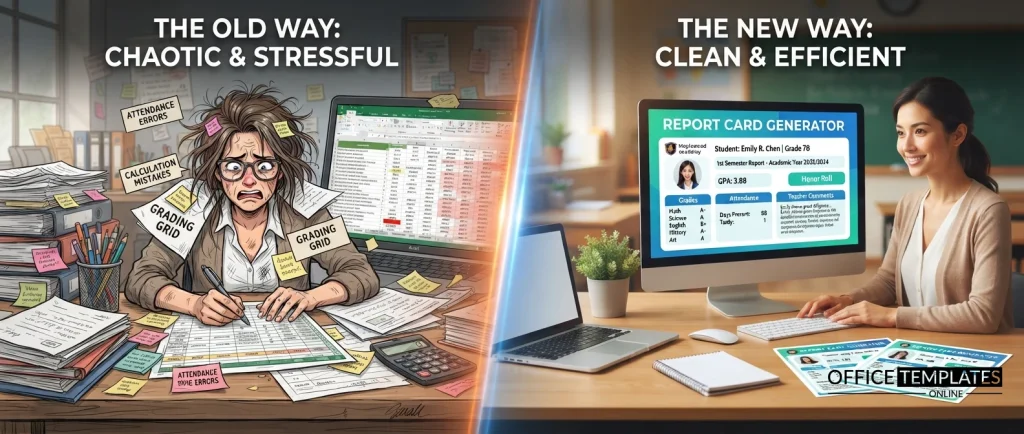 Before-and-after comparison showing a spreadsheet transformed into a professional report card created with a free online report card generator.