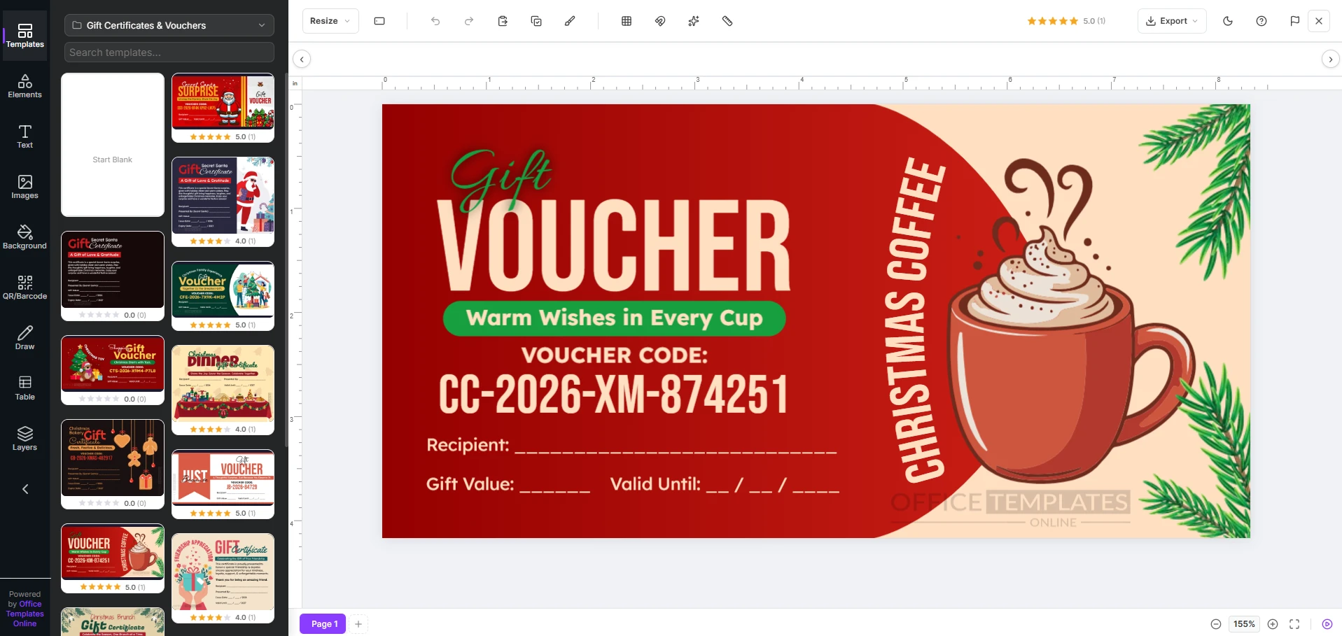 Modern browser-based gift certificate editor with editable design tools