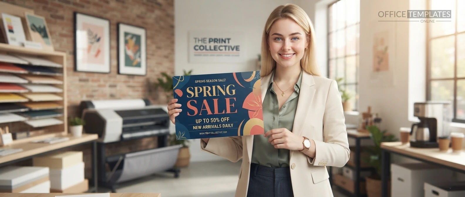 Business professional holding a printed promotional banner design
