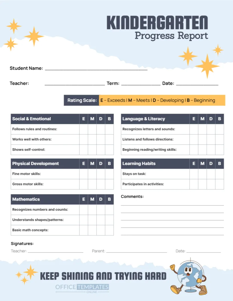 Kindergarten Progress Report Card Template